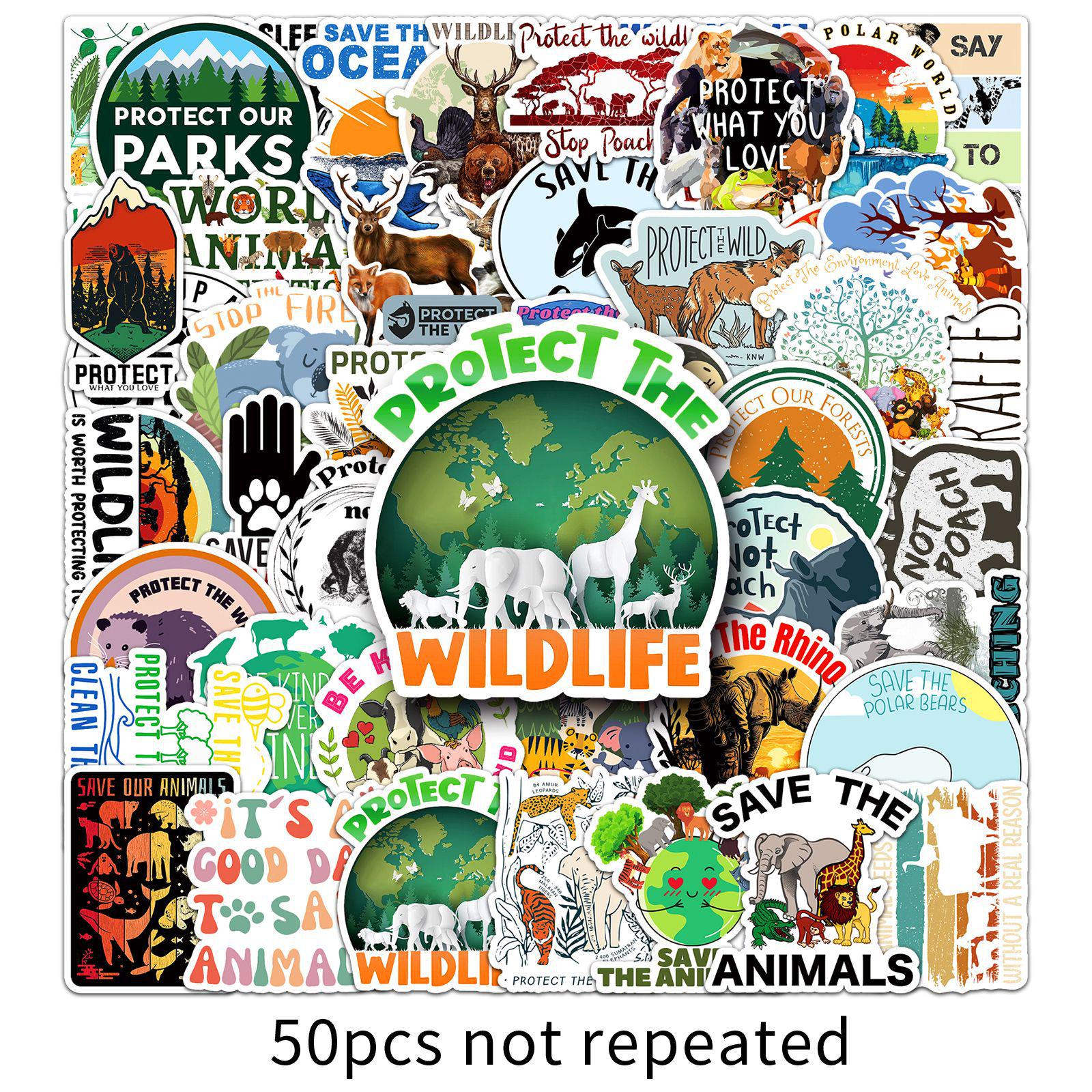 Animal Protection Stickers Set - Positive Energy Cartoon Graffiti, Waterproof, Decorative for Journals, 50 Sheets.