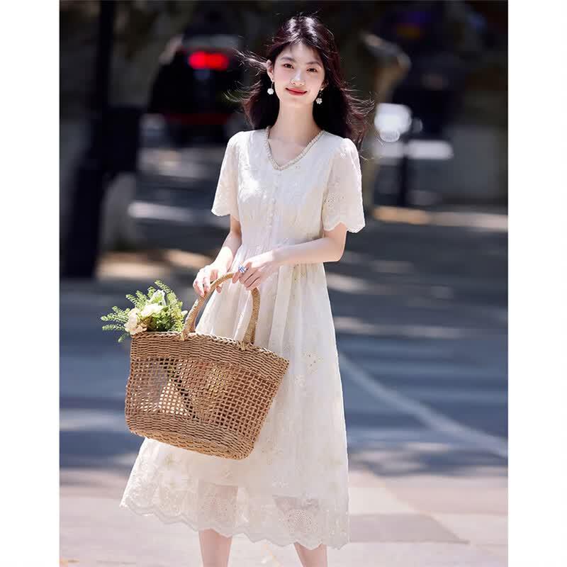 Sweet Beaded Embroidered Short Sleeve Midi Dress