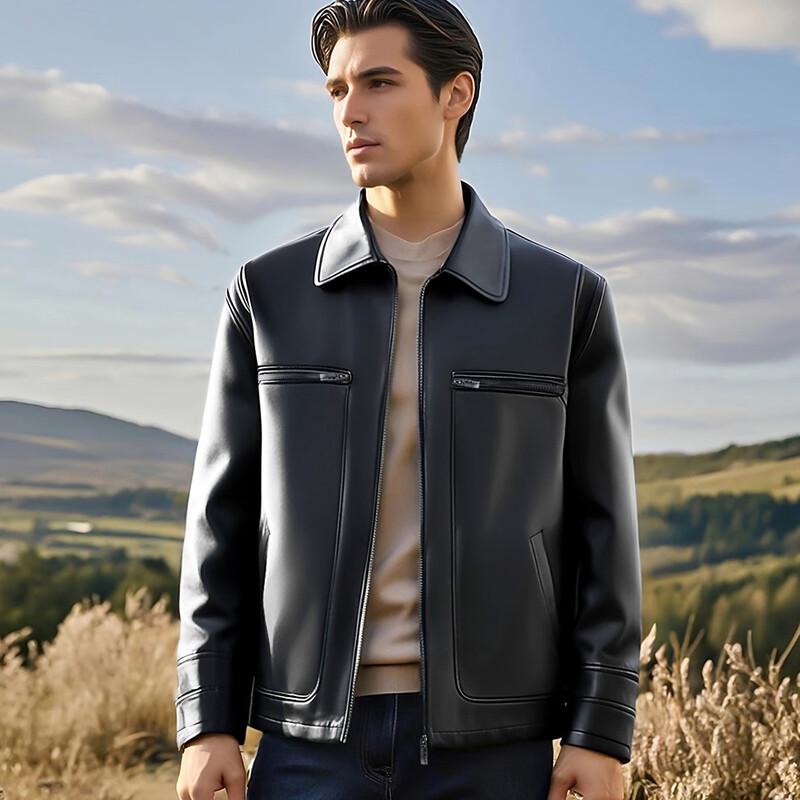 Futing Men's Heavyweight Sheepskin Lapel Leather Jacket
