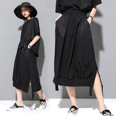 Summer Women's Dark Cold Style A-Line Skirt with Slit, Patch Pocket, and Elastic Waist