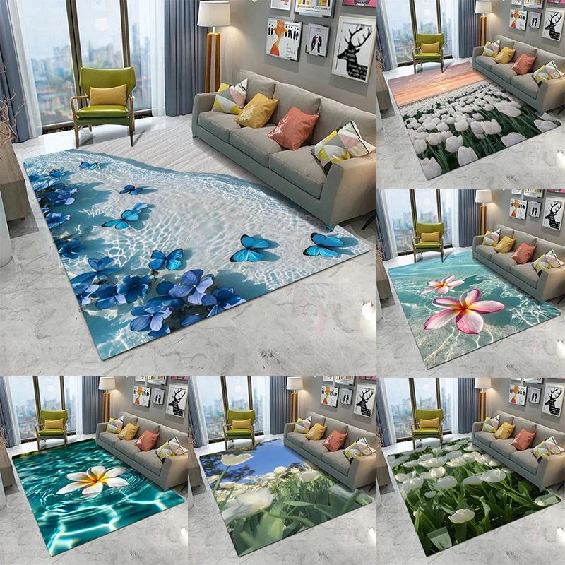 Nature Floral Pattern Floor Mat Various Styles with Flowers Butterflies and Water Scenes Non - Slip Rug for Home Decor