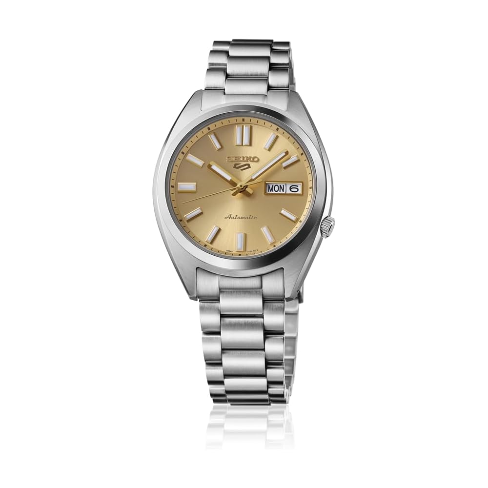 Seiko 5 Sports SBSA295 Men's Mechanical Automatic Watch Gold Dial Stainless Steel with Date Calendar and See-Through Case Back