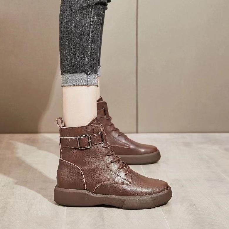 European and American Retro Short Sleeved Women's Boots  Autumn New Lace Up Belt Buckle Thick Sole Short Boots  Mujer