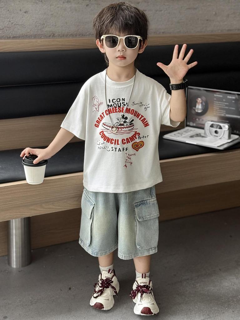 Boys' Cartoon Mouse Bamboo Cotton T-Shirt - Japanese Trend, Summer 2026 Style, Kids' Half Sleeve