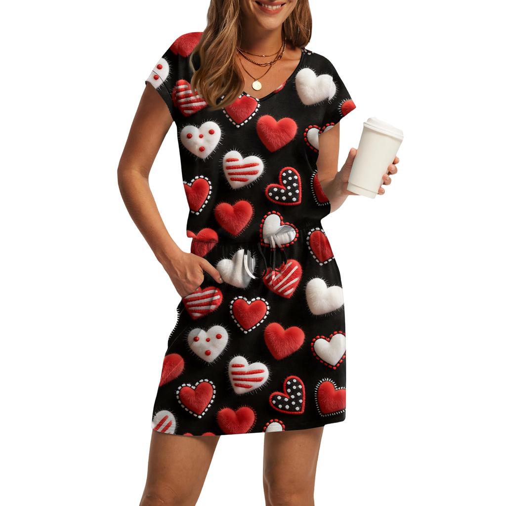 Women's V,Neck Short,Sleeve Drawstring Pocket Valentine's Day Print Casual Dress