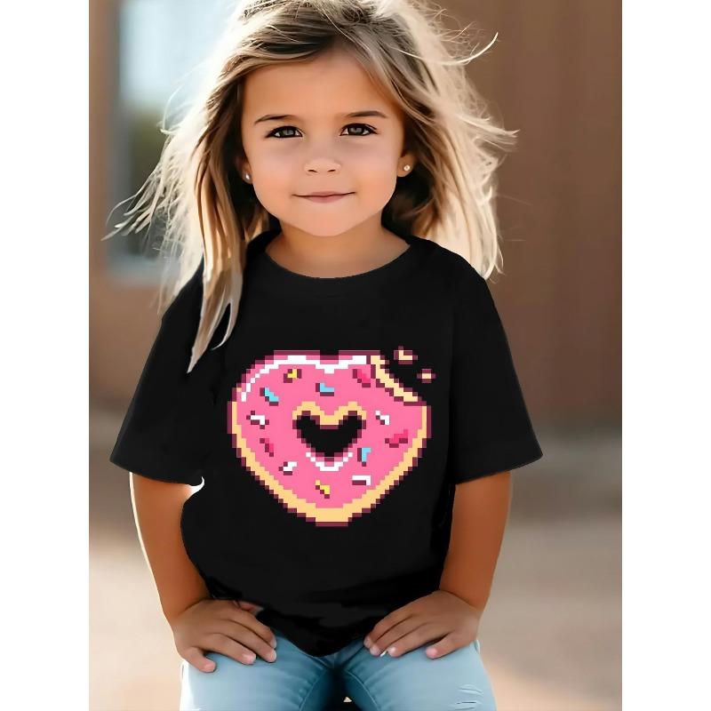 European Size Girls Round-neck Short-sleeved T-shirt with Heart-shaped Doughnut Pattern Print 98cm чёрный