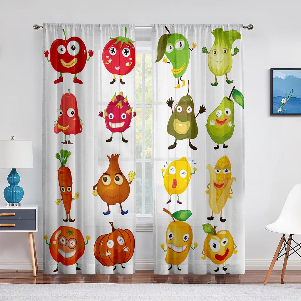 Cartoon Früchte Fenster Tüll Vorhänge für Wohnzimmer Kinderzimmer Küche Dekor Wassermelone Kiwi Ananas Transparenter Voile Vorhang