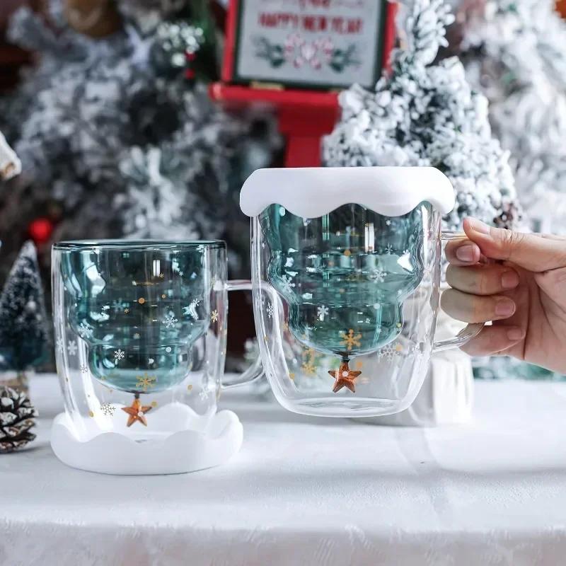 1pc Christmas Tree Coffee Mug, Double Walled Glass Coffee Cups, Heat Insulated Water Cups, Summer Winter Drinkware, Xmas Gifts