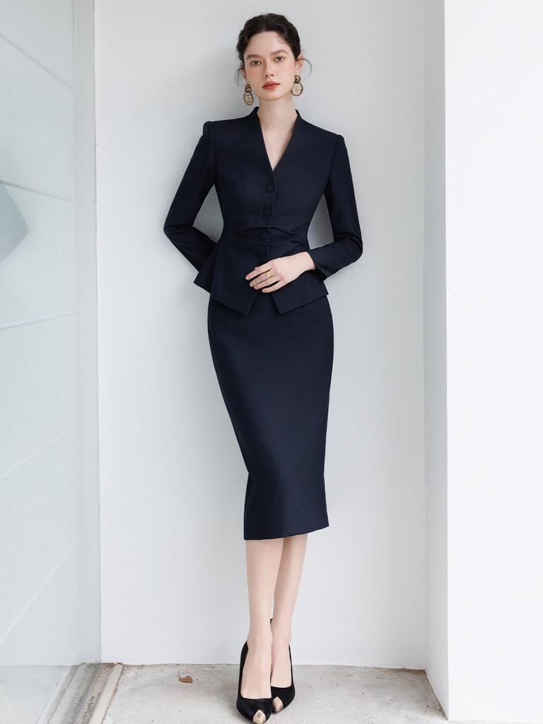 2025 High-End Women's Navy Blue V-Neck Suit Skirt Set - Formal, Slim-Fit, Professional Wear