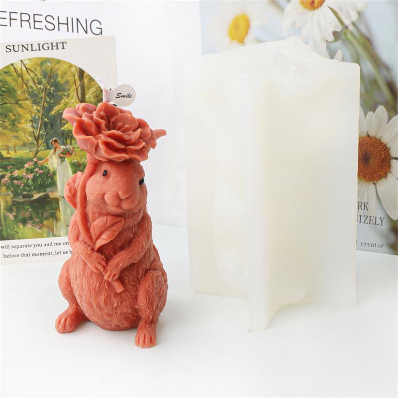 3D Easter Flower Rabbit Candle Silicone Mold DIY Lovely Bunnies Shape Fondant Cake Decorating Mould Flower Rabbit Plaster Mold