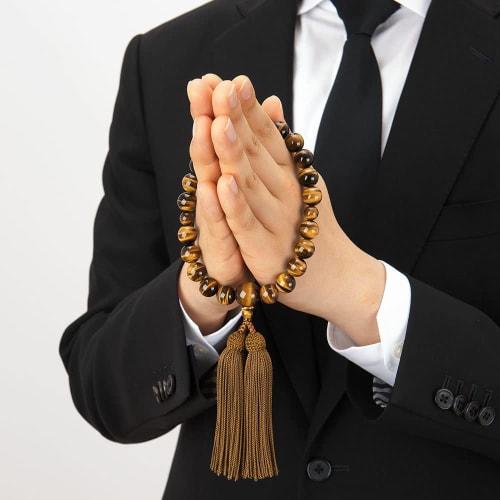 Buddhist Altar Shop Takita Shoten Kyoto Buddhist Prayer Beads for Men, 22 Tiger's Eye Stone Beads, Silk Tassel with Head, Prayer Beads Bag, Suitable F