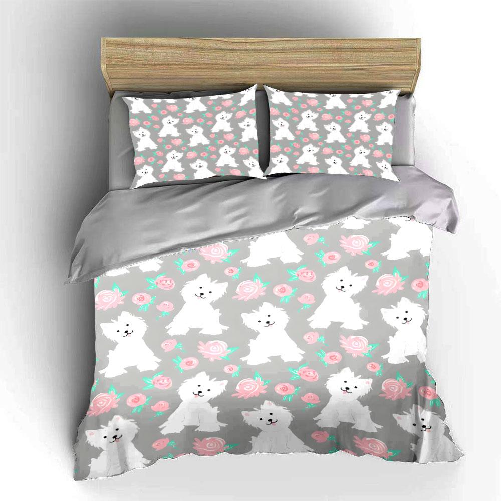 Cute Dog Floral Pattern Decor Soft Skin-Friendly Bedding Set Includes 1 Duvet Cover And 2 Pillowcase Gift