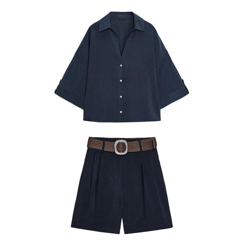 Single-Breasted Lapel Wide Short sleeve Loose Shirts 8372226 With Belt Pleated Casual Shorts 8372444