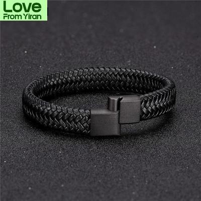 Punk Men Leather Bracelet Black Stainless Steel Magnetic Clasp Braided Woven Bangle Pulseras Lovers 'Gift