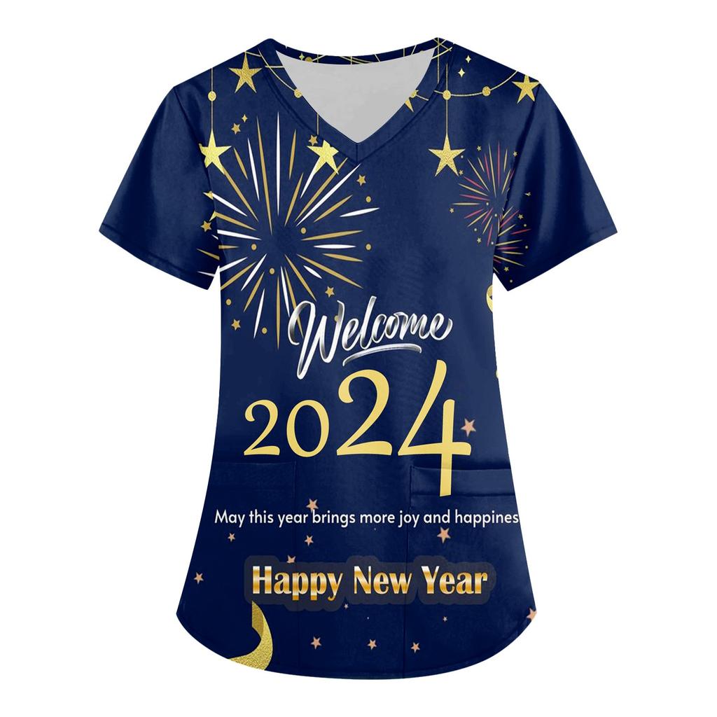 Damenmode 2024 Neujahr Bedruckte Kurzarm-Oberteile mit V-Ausschnitt und Mustertasche Arbeits-T-Shirts