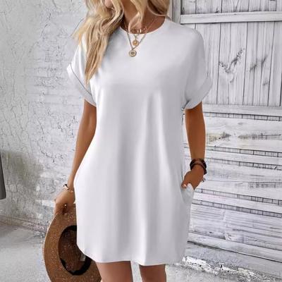 Spring Summer Women's Solid Colour Round Neck Loose Short Sleeve Pocket Dresses