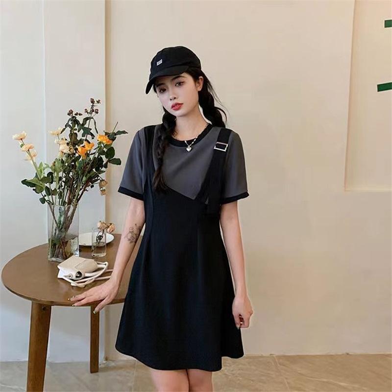 Women's Plus Size Fake Two-Piece Dress Black White Colorblock Casual Summer Short Sleeve A-Line Sundress