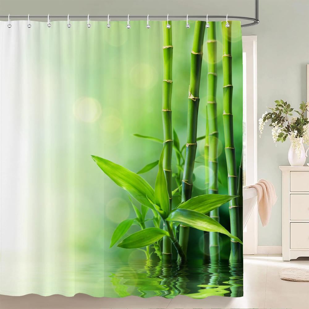 3D Flower Bamboo Pebble Water Green Plant Shower Curtain Waterproof Polyester Curtain Home Decoration Shower Curtain Zen Curtain