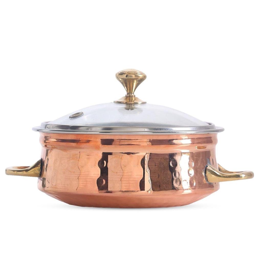 Steel Copper Handi Bowl with Glass Lid, for Serving Dishes, Tableware, Kitchenware for Home and Restaurant 500 ML
