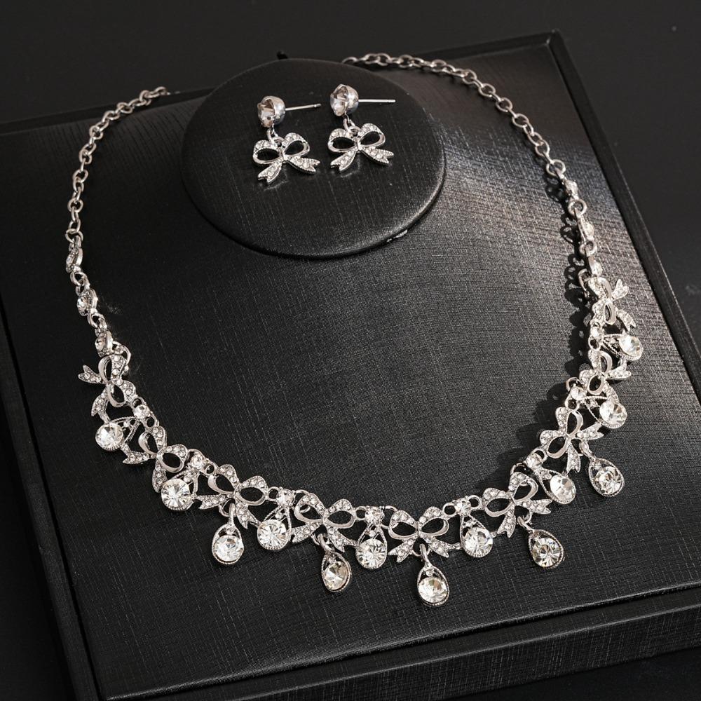 2 pieces Bow Rhinestone Jewelry Set Inlaid Crystal Necklace Set Necklace Earrings Set  Party
