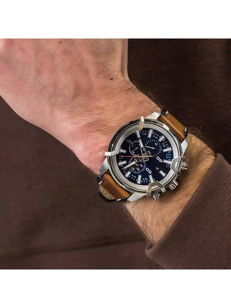 Diesel  Griffed Men’s Chronograph Watch – 48 mm Stainless Steel Case, Sunray Dial with Stick Indexes,Leather Strap – DZ4518