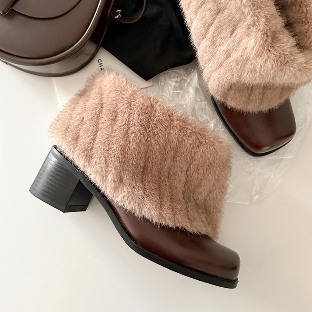 Cowhide version~ retro plush boots plush warm square head thick heel short boots women's versatile temperament plush snow boots