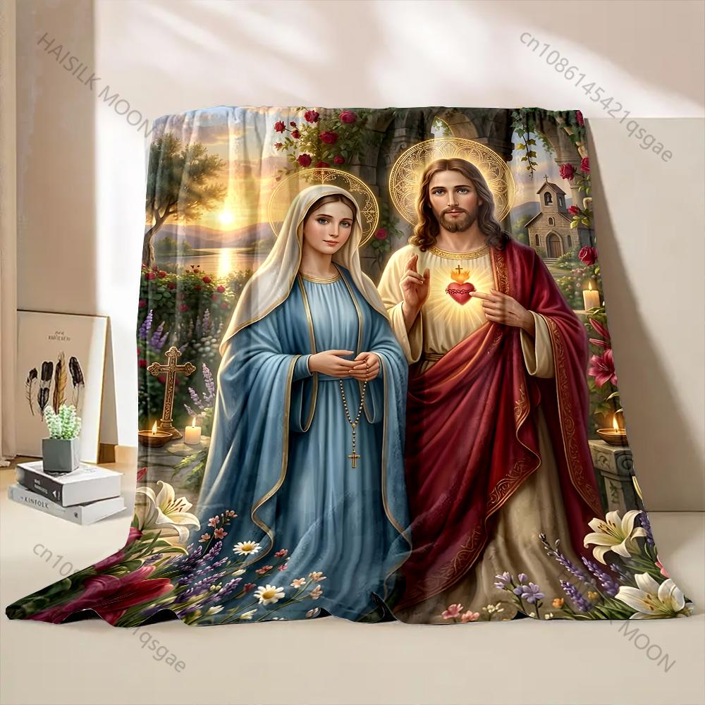 1PC Virgin and Jesus Halo Faith-printed Flannel Blanket Soft and Warm Suitable for Home Travel Picnics Camping and RV Use