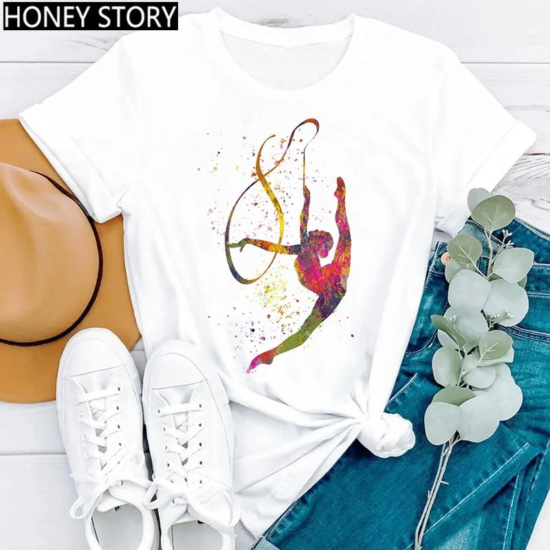 Gymnastik Ballerina Tänzerin T-Shirt Aquarell Gymnastik Ballett Tänzerin Druck T-Shirt Frauen Grafik T-Shirts Ästhetische Kleidung