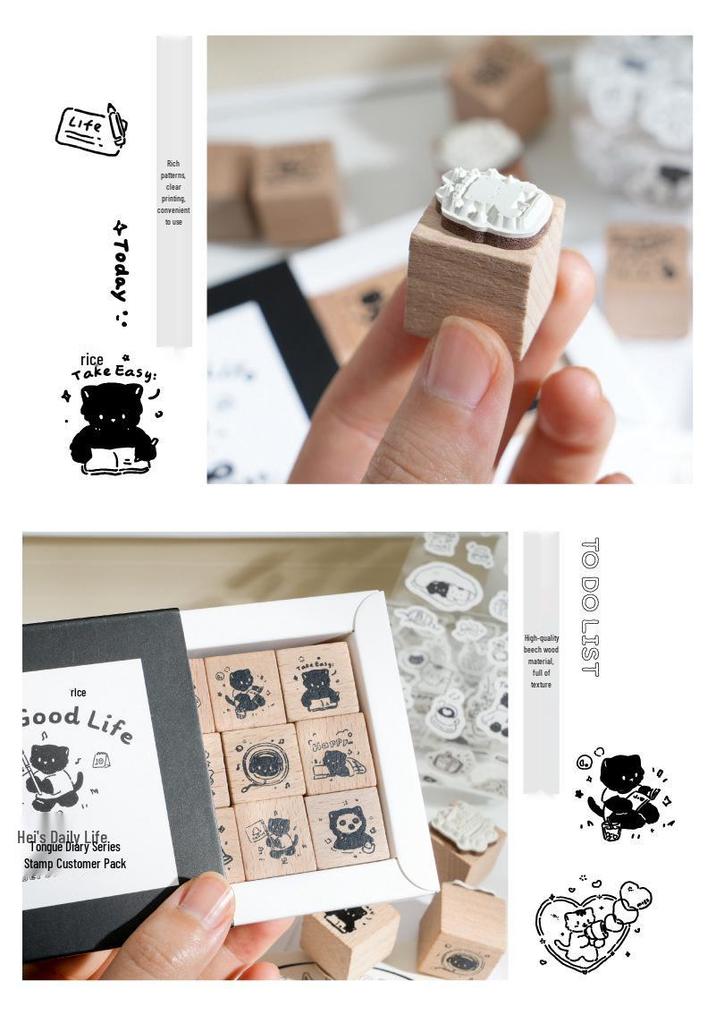 Cat Life Diary Wooden Stamp Set: Cute Cat Designs for DIY Journals and Art Projects