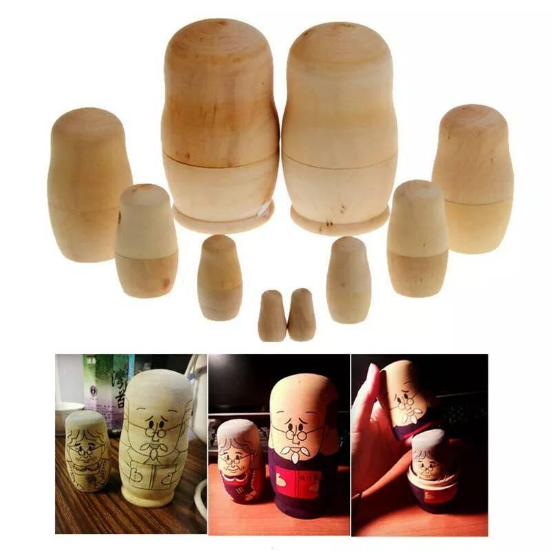 Diy 5pcs Unpainted Blank Wooden Embryos Russian Nesting Dolls Toy Matryoshka