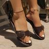 Fashion Plus Size Flat Slippers Women's Summer Fashion -New Round Toe Open Toe Metal Belt Buckle Soft Slip Flip Flops for Women