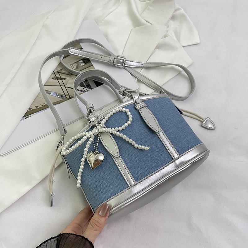 

Новая модная сумка из искусственной кожи, лоскутная сумка-тоут, простая женская сумка через плечо, милый жемчужный бант, подарок на день рождения, сумка на одно плечо