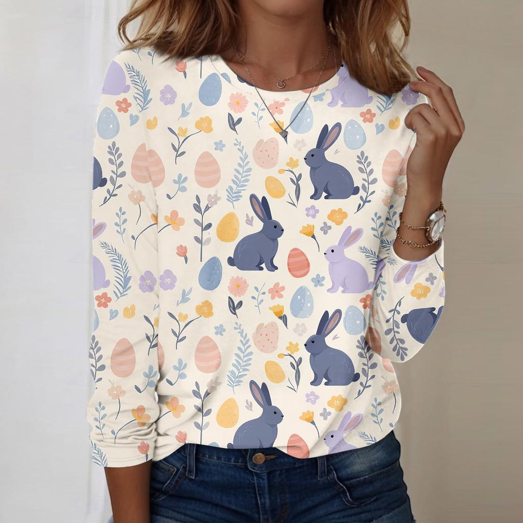 Women's Daily Casual Long Sleeved Easter Printed Round Neck Top