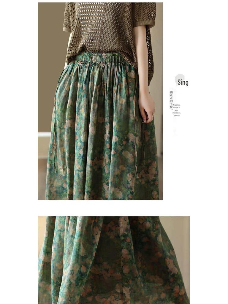 Summer 2023 Women's Vintage Floral Midi Skirt - Heavy Duty Cotton Linen, Flowy Design