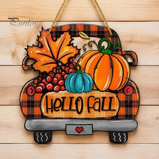 Retro Plaid Pickup Truck Decor Hello Fall Wooden Hanging Sign, Ornaments, Wall Pendant Front Door with Pumpkin And Maple Leaf for Autumn Harvest