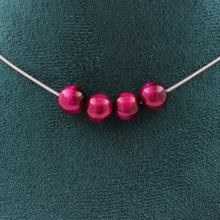 Collier - ABIJOUX - Oeil de Tigre fuschia 8 mm - Acier inoxydable - Longueur personnalisable - Mixte