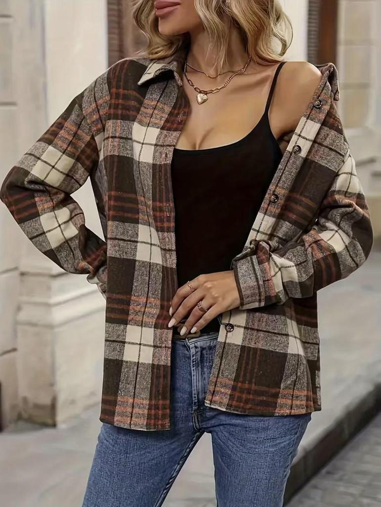 European & American Women's Plaid Long Sleeve Shirt Jacket - Loose Fit, Casual Fashion for Autumn & Winter