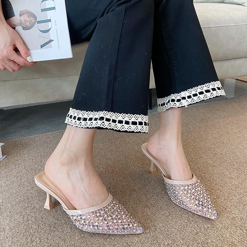 High-heeled bag head slippers women's full diamond pointed half slippers women's 2025 new hollow and thin versatile outer wear single shoes women