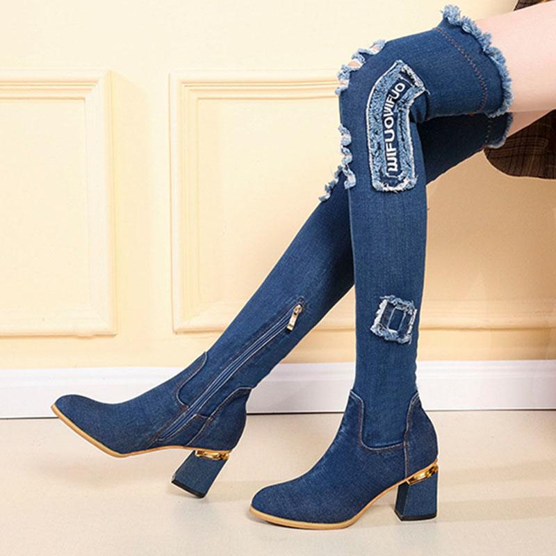 Fashion Trendy Hole slim long denim boots over-the-knee boots women jeans shoes cut out chunky high heels metal zipper chelsea botas2025
