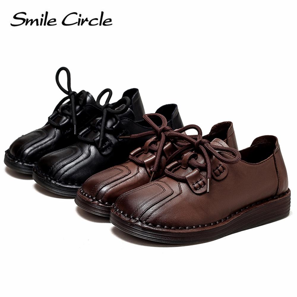 Natural Leather Women's Flat Shoes Lace-up Round Toe Casual Shoes Fashion Retro Work Shoes