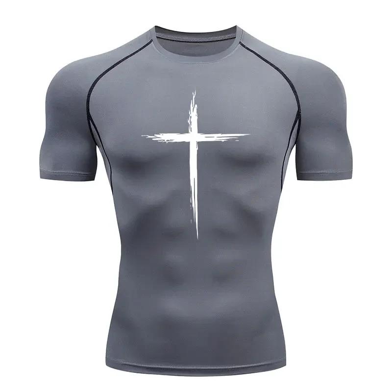 Men's Quick Dry Cross Print Sportswear Running Compression Tee Shirt Athletic Muscle Tshirt Fitness Gym Undershirt Sport Top
