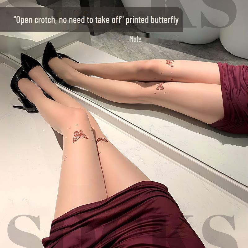 Feimu Millennium Butterfly Print Open Crotch Pantyhose, Sexy Skin Tone, Transparent, 50-Pack Lingerie