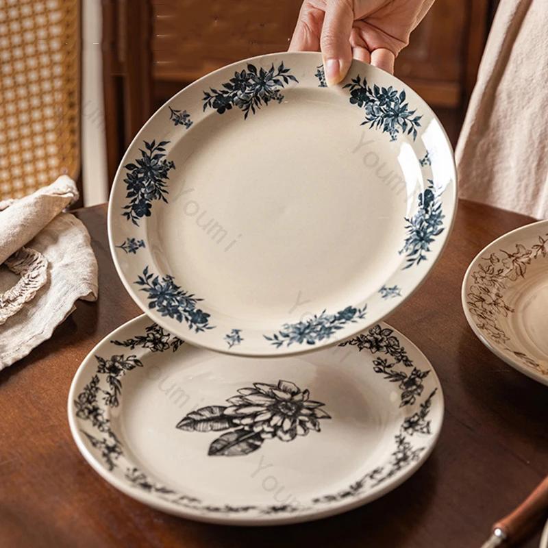 Retro Chinese Style Ceramic Plate Light Luxury Restaurant Plates Breakfast Dessert Trays Delicious Dishes Household Tableware