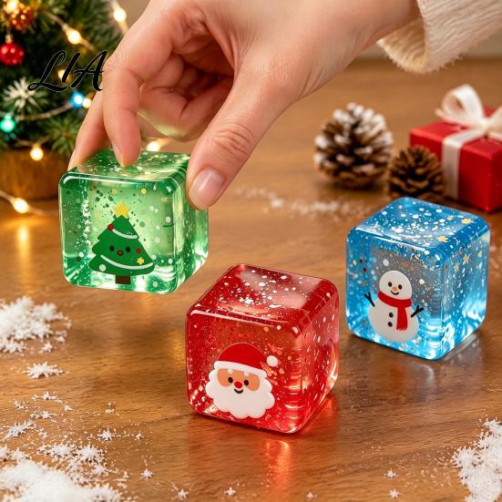 Holiday Desk Toy Christmas Clear Cube Squeeze Toy, Santa Claus Tree Snowman Pattern Stress Cube, Slow Rising Sensory for Party Favors Quiet Relief