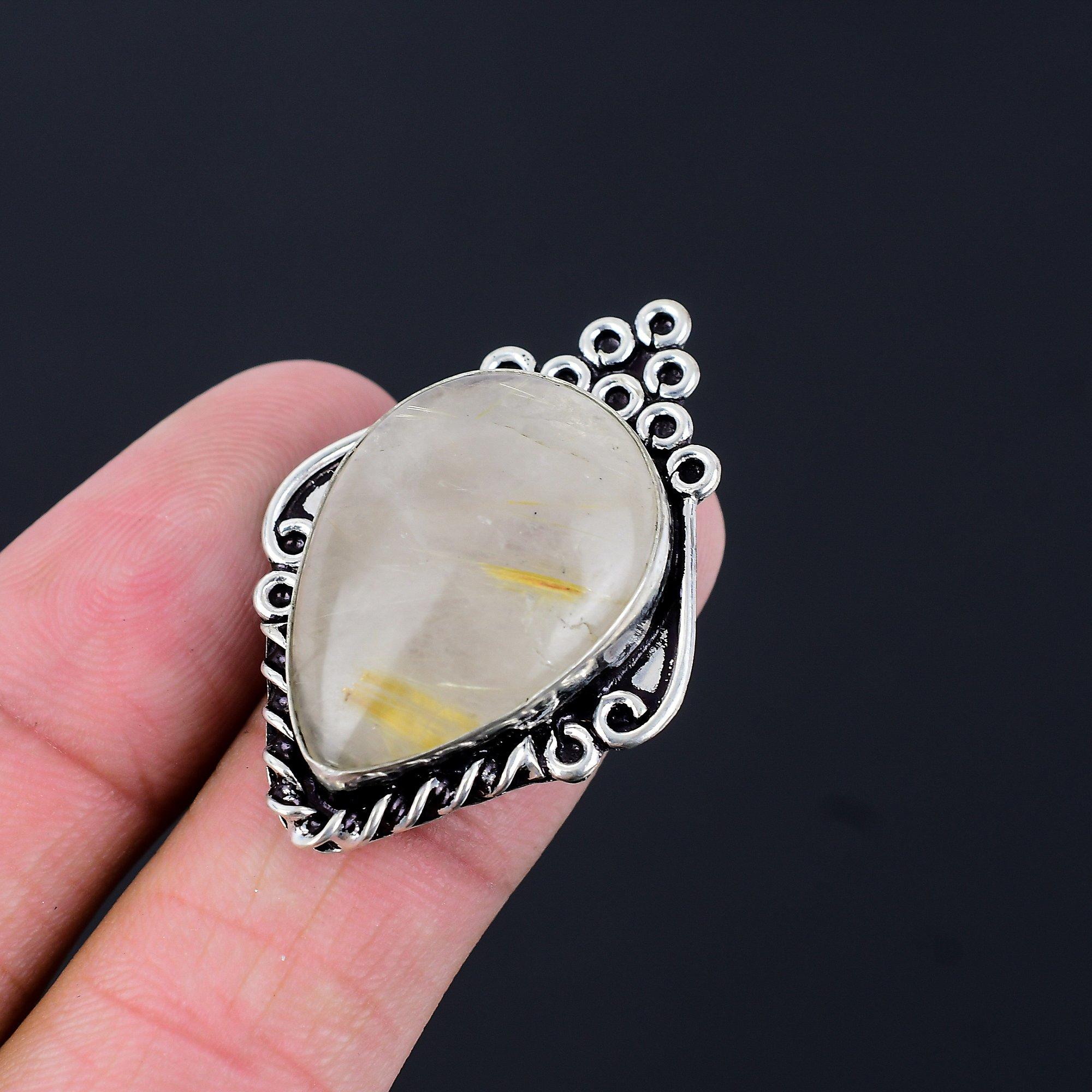 Natural Golden Rutile Gemstone Solitaire Yellow Ring Size 6.5 925 Silver 6.5