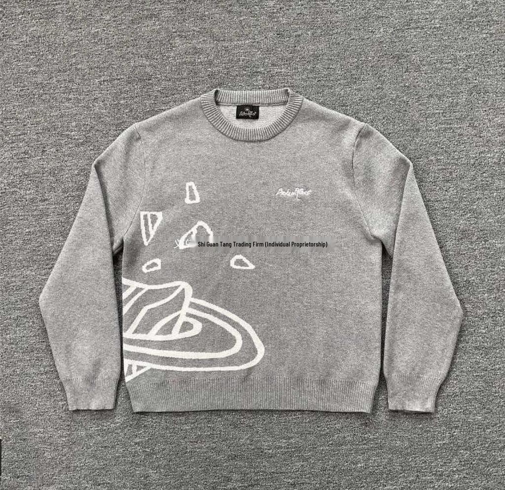 Men's American Style Embroidered Jacquard Sweater - Round Neck, Loose Knit, Autumn/Winter Fashion