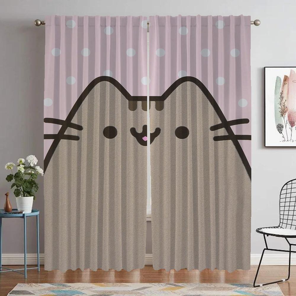 Kitchen Curtains 2 Pieces Pusheens Curtains for Bedroom Living Room Curtain Halloween Decoration Partition Shades Blackout Child