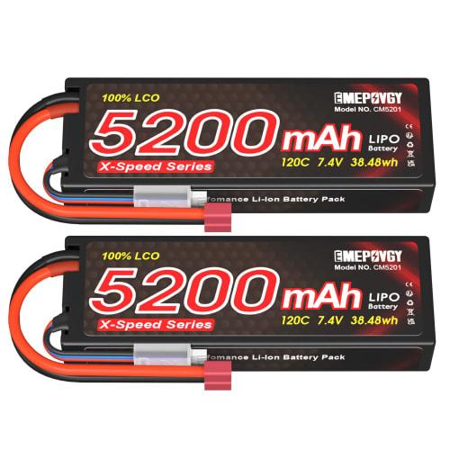 7.4V LiPo Battery, 5200mAh, 120C, 2S, Set of 2, with Deans T, X-Speed ??Series, Compatible with a Wide Range of RC Cars and Trucks