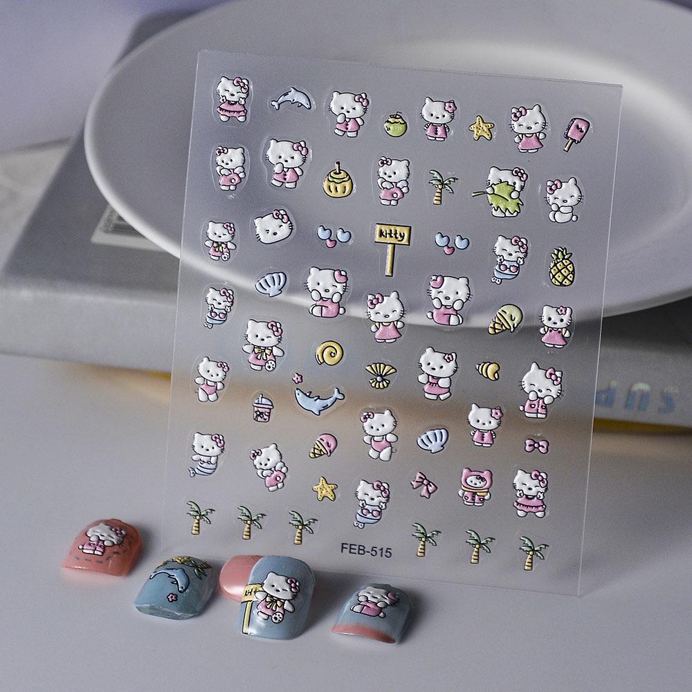 5D Waterproof Pink Cat Anime Nail Stickers with Bow