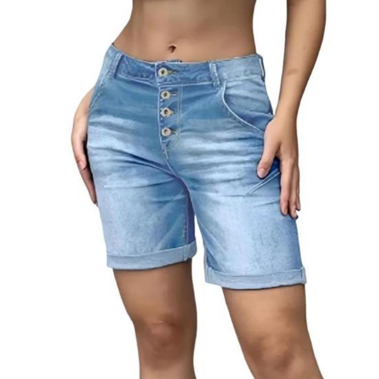 High Waisted Women Denim Shorts Slimming Bermuda Jean Shorts with Pockets Stretch Rolled Cuff